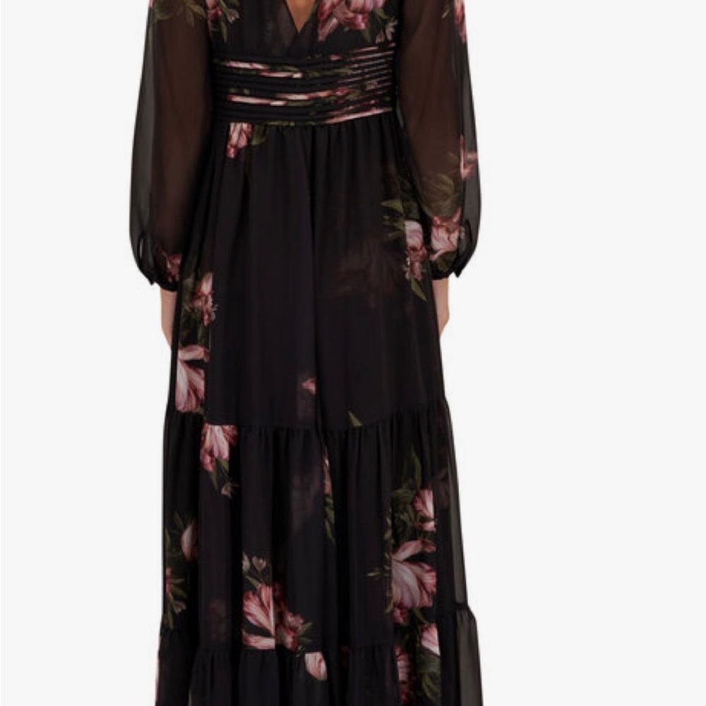 Sachin + Babi Black and Pink Tie Front Gown with Bishop Sleeves